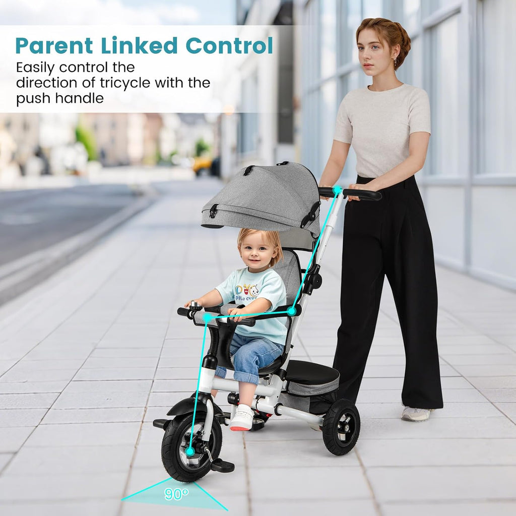 HONEY JOY Tricycle, 5-in-1 Folding Baby Trike Stroller w/Adjustable Handle & Canopy, Reversible Seat, Safety Belt, Folding Pedal, Bell, Storage, Push Tricycle for Toddlers 1-5 Years Old (Gray)