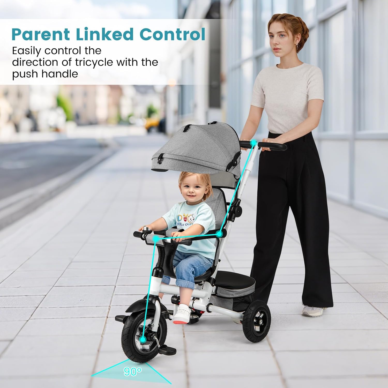 HONEY JOY Tricycle, 5-in-1 Folding Baby Trike Stroller w/Adjustable Handle & Canopy, Reversible Seat, Safety Belt, Folding Pedal, Bell, Storage, Push Tricycle for Toddlers 1-5 Years Old (Gray)