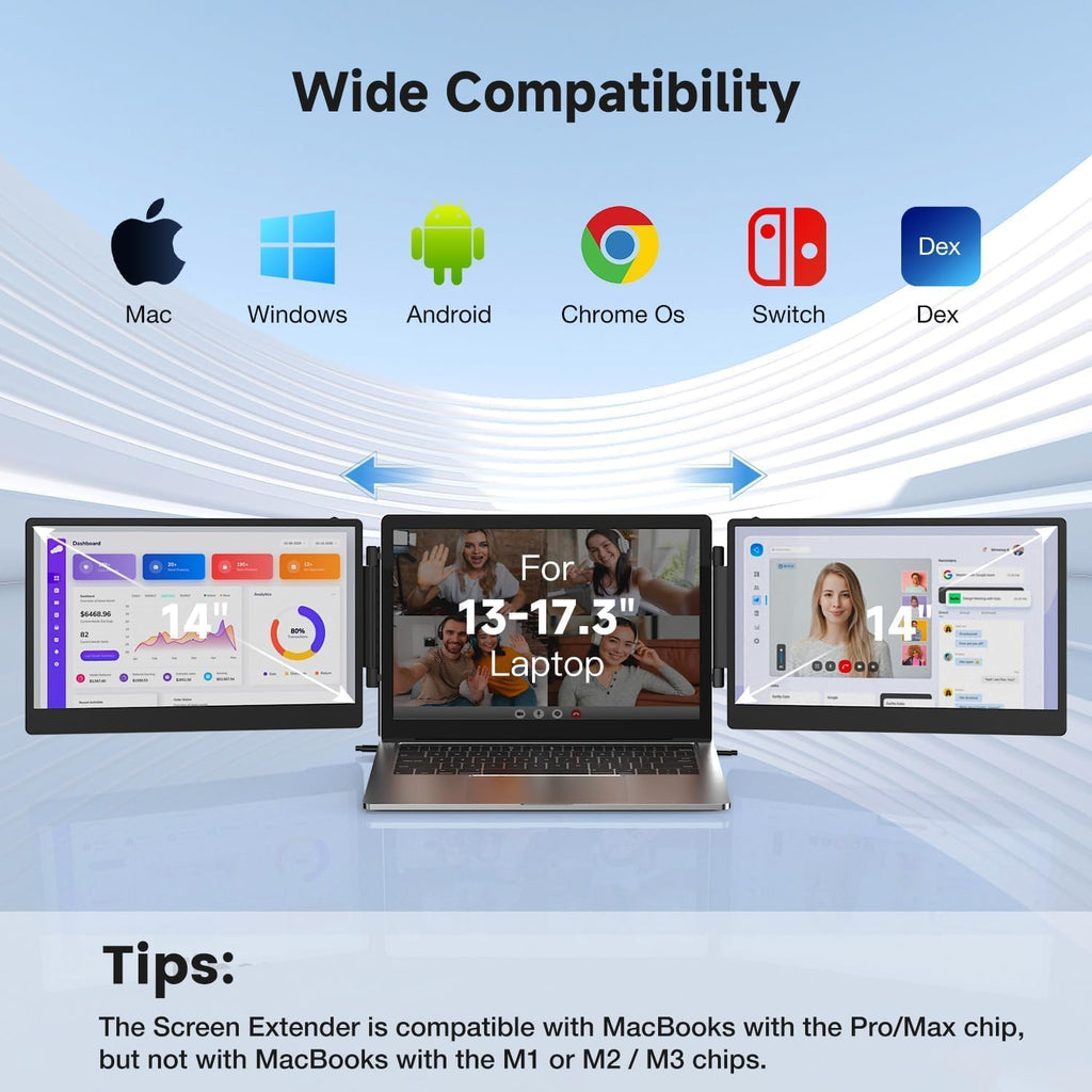 Laptop Screen Extender, 14' FHD 1080P Laptop Monitor Extender, Plug & Play, Updated Alloy Stand, Triple Monitor Compatible with Windows, Mac, Chrome