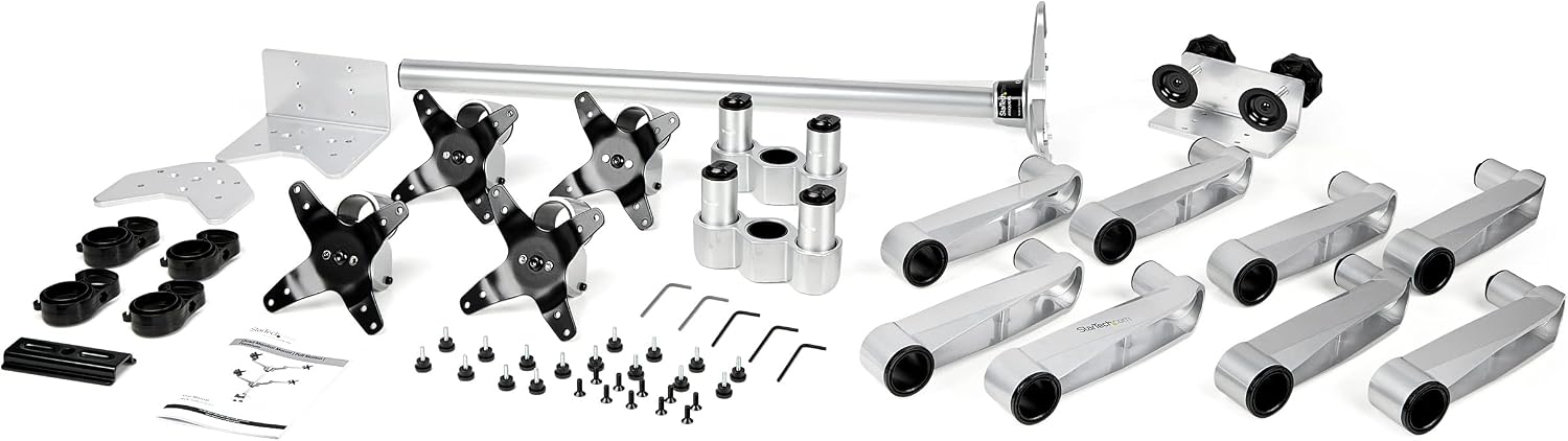 StarTech.com Desk Mount Quad Monitor Arm, Premium Articulating VESA 4X Monitor Mount 2x2 up to 30' (24.8lb/11.3kg), Height Adjustable Pole, Tilt Swivel Rotate, Clamp or Grommet Base, TAA