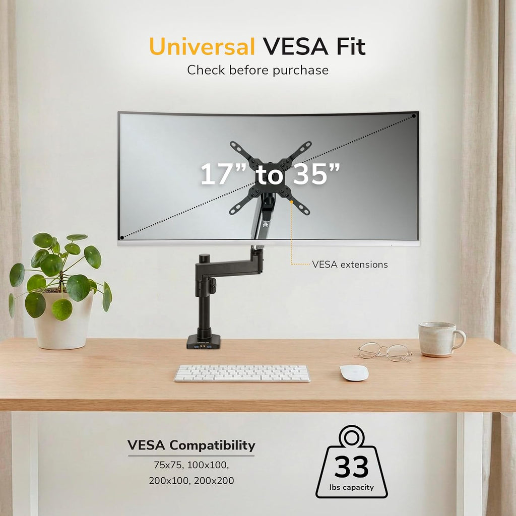 Mount-It! Ultrawide Monitor Arm, Heavy-Duty Gas Spring Desk Mount for 17–35' Curved Screens up to 33 lbs, Full Motion Height Adjustable Monitor Arm with USB 3.0 & Audio Ports, VESA 75/100/200