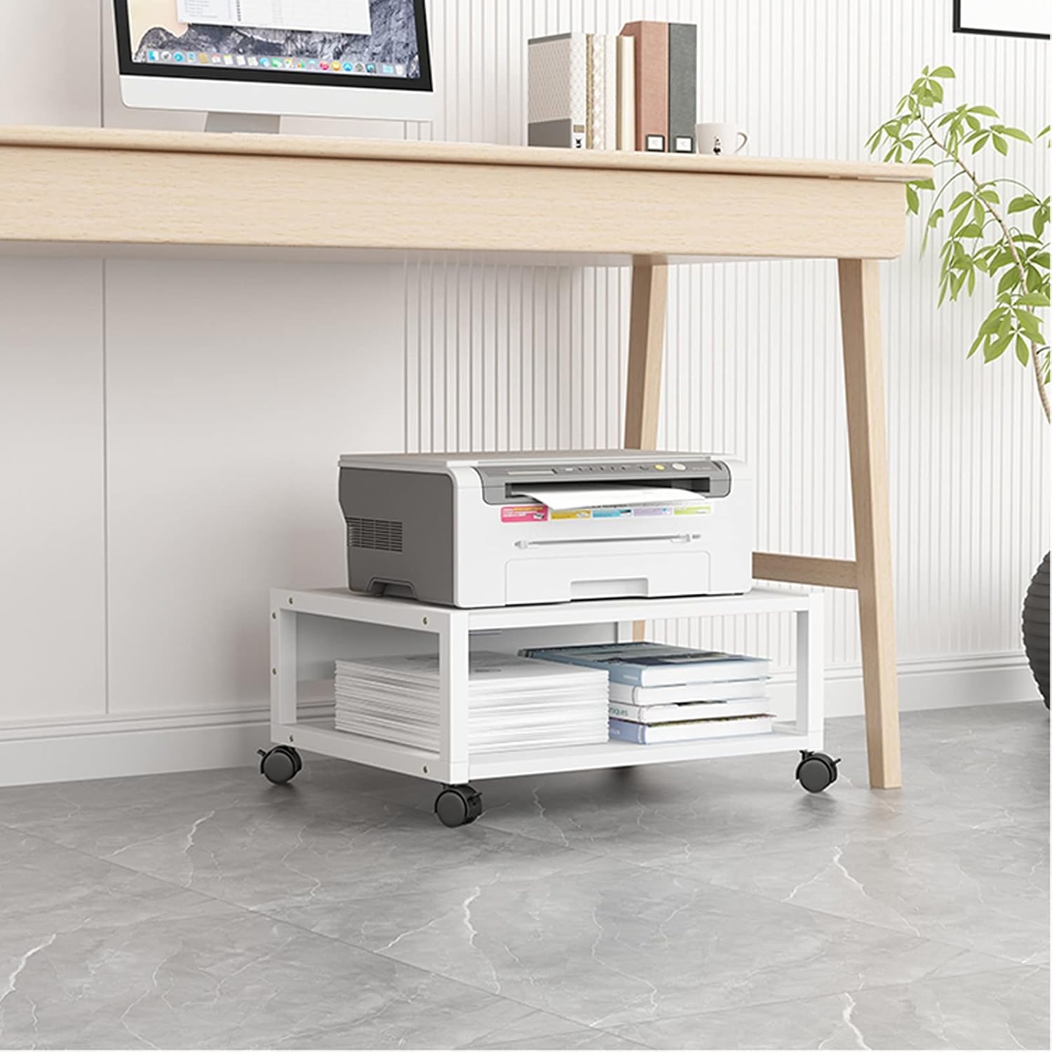 Bedroom 2 Tiers Under Desk Printer Stand Small Rolling Movable with 4 Wheels Office Shelf for Mini 3D, 50×40×25cm Office