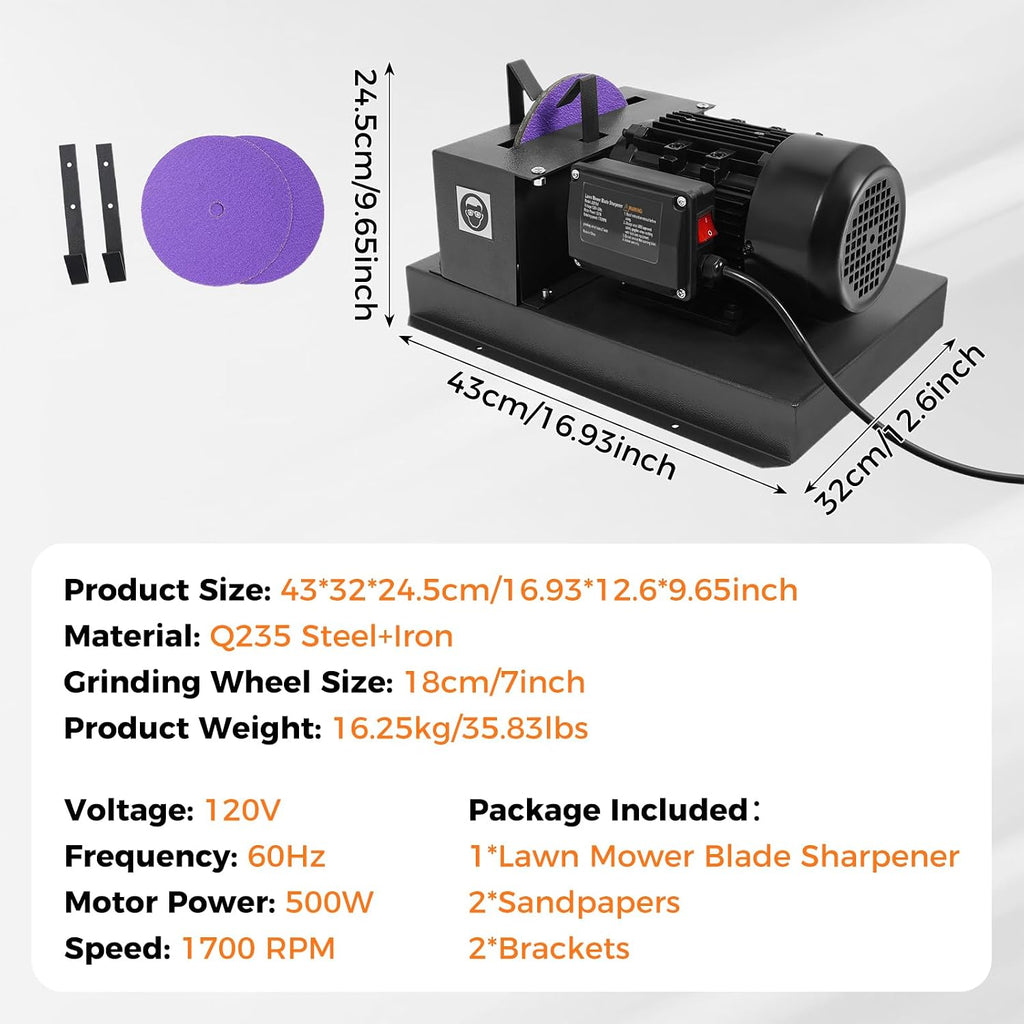 Lawn Mower Blade Sharpener, 3HP 500W Bench Grinder with 2 Sandpapers 2 Brackets, 1700 RPM Powerful Bench Mower Sharpening Machine for High/Low Lift Blades, Gator Blades