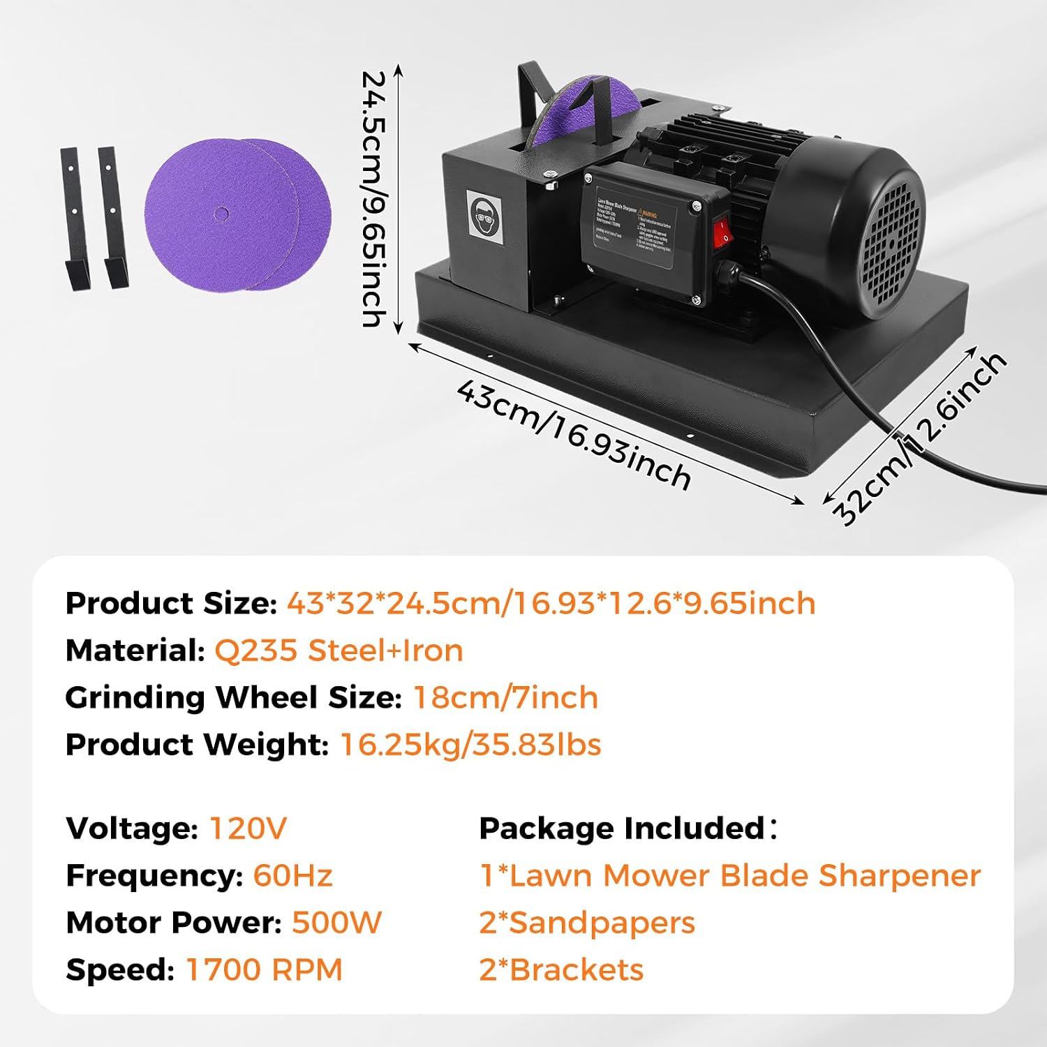Lawn Mower Blade Sharpener, 3HP 500W Bench Grinder with 2 Sandpapers 2 Brackets, 1700 RPM Powerful Bench Mower Sharpening Machine for High/Low Lift Blades, Gator Blades