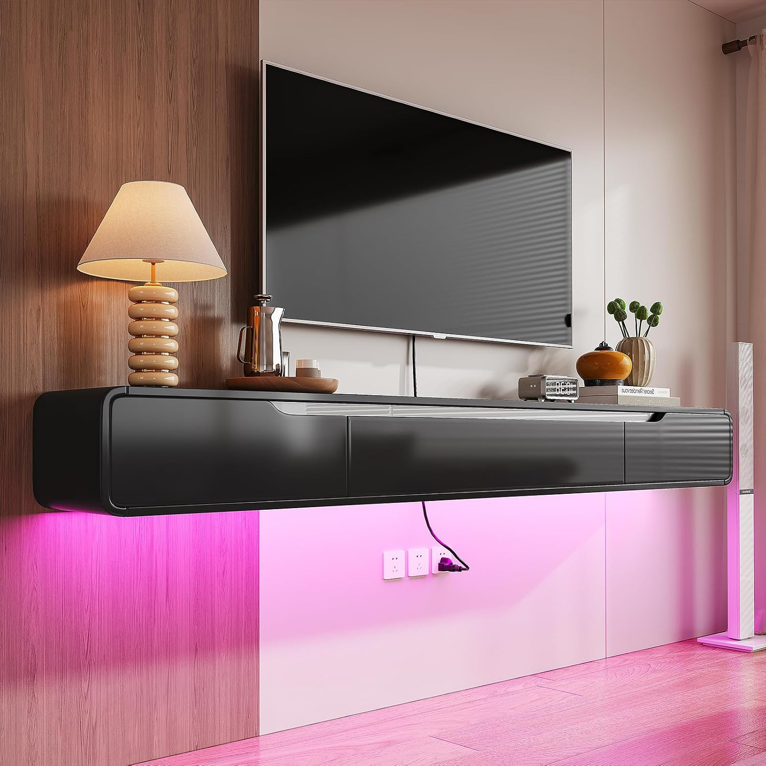 Fully-Assembled Floating TV Stand with Drawers, 55IN High Gloss Wall Mounted Entertainment Center, Modern Media Console with Storage, Under TV Shelf for Bedroom Living Room Black