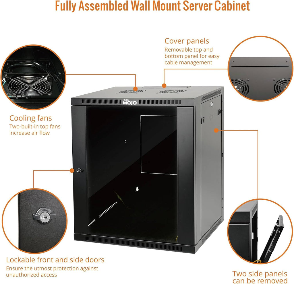 Tecmojo 15U Wall Mount Rack,15U Rack 17.7 Inch Depth,Hold Up to 176 Lbs,Enclosed Wall Mount Rack Kit for 19 Inch Network,Server and AV Gear,Glass Door(Elite Collection)