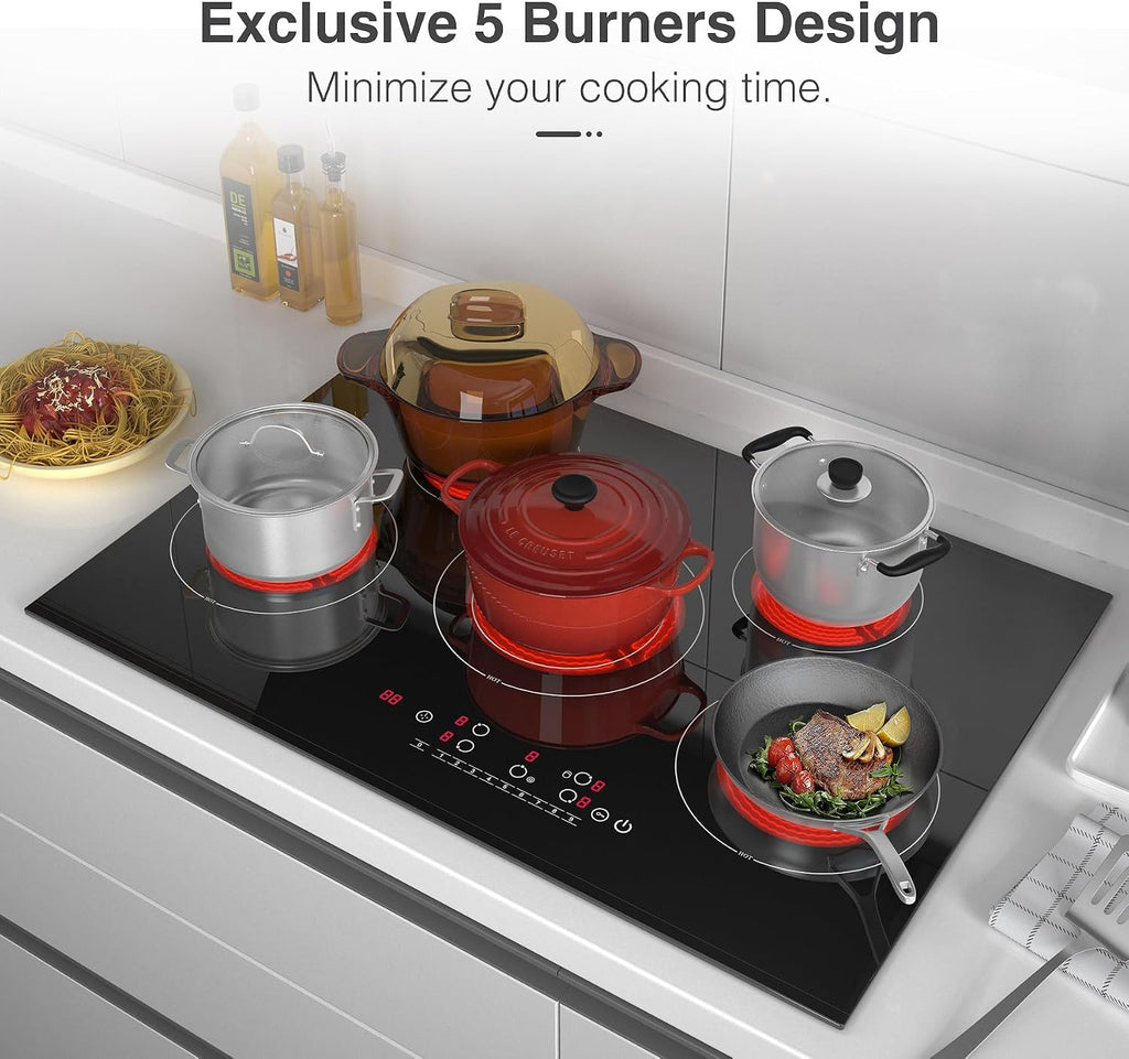 VBGK Electric cooktop 30 inch, 5 burner Electric Stove Built-in and Countertop Stove Top, LED Touch Screen,9 Heating Level, Timer & Kid Safety Lock, 240V 30 inch cooktop
