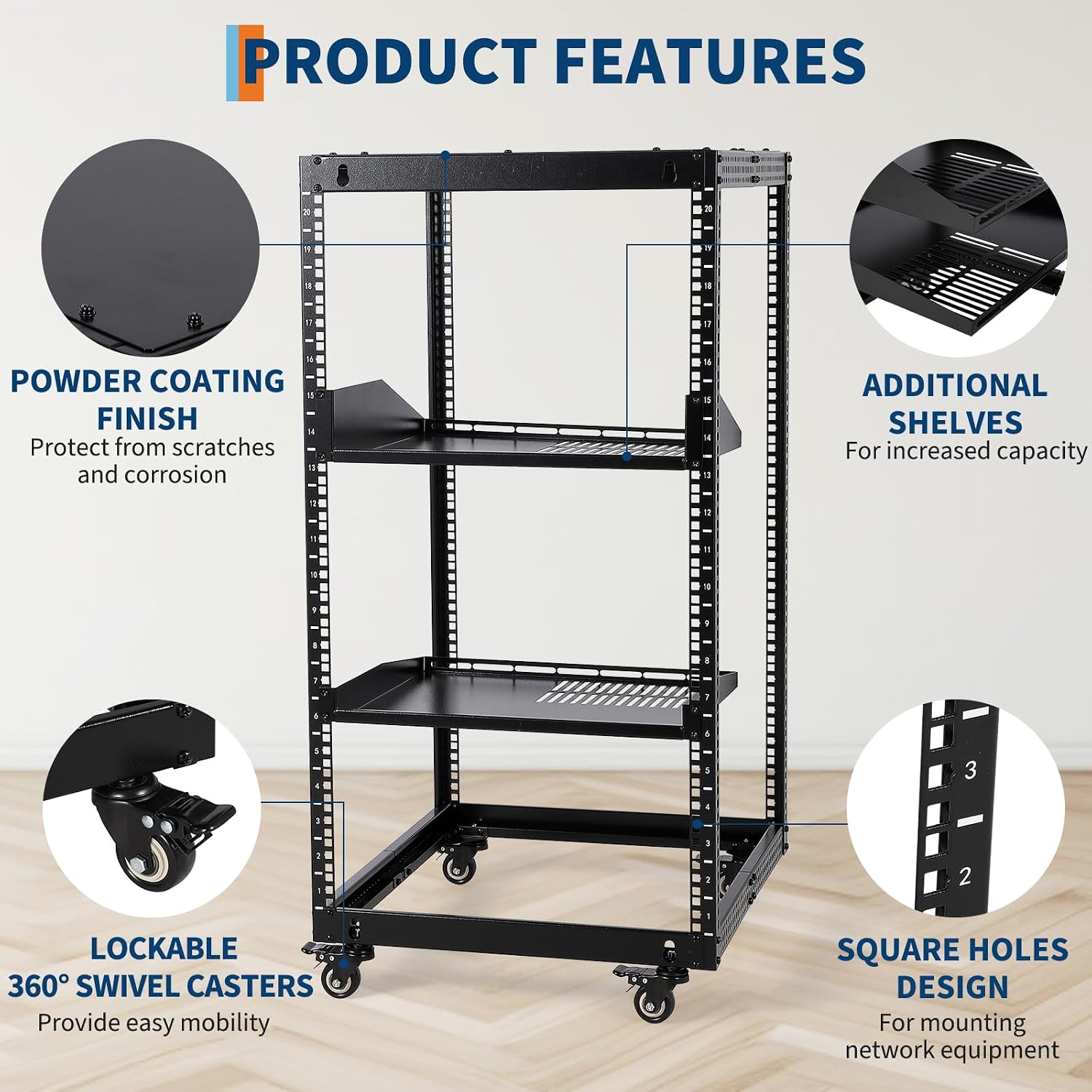 20U Open Frame Network Rack, Heavy Duty Steel Server Rack Shelf,Support Wall Mount and Floor Standing Use for IT Equipment and AV Gear, Adjustable Height 22-40in