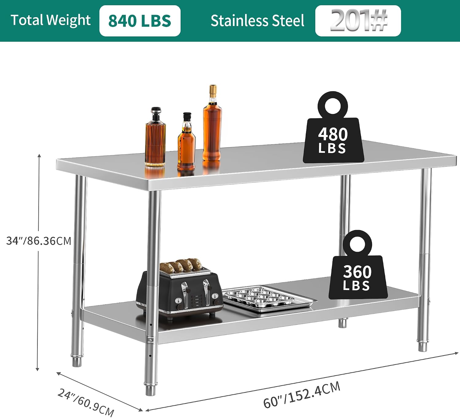 YITAHOME NSF Stainless Steel Table, 60' X 24' Worktable w/Undershelf, Heavy Duty Prep Workstation for Home Kitchen Commercial Restaurant Garage Warehouse Outdoor