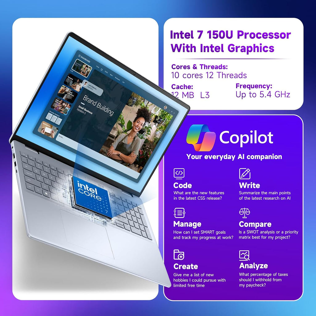 Dell 16-Inch Touchscreen Laptop Computer – Intel 10-Core 7 150U, 32GB DDR5 RAM, 1TB SSD, 16' FHD+ Anti-Glare, Ai Copilot, Fingerprint, Backlit KB, Win 11 Pro, for Business & Student