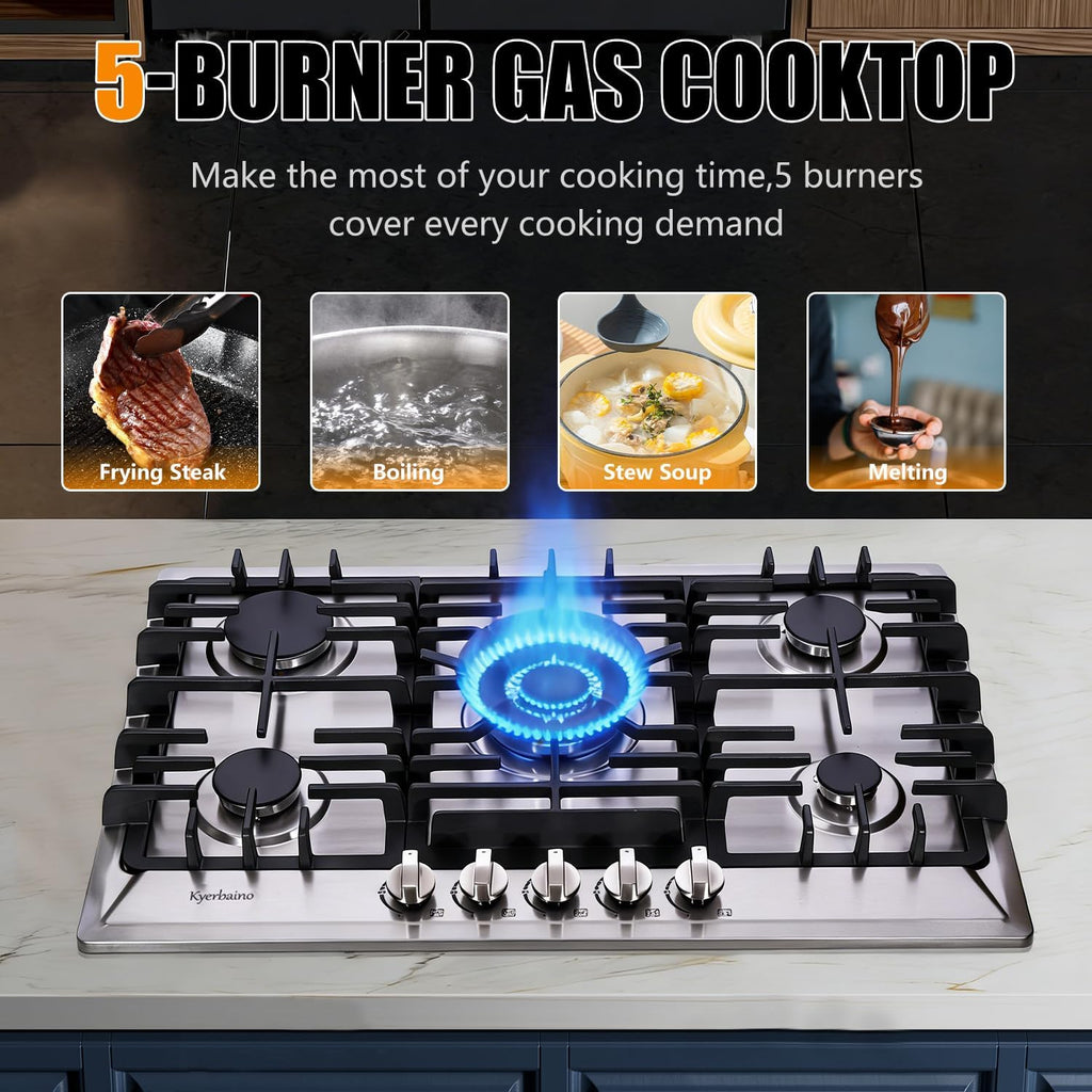 Gas Cooktop 30 Inch, Stainless Steel 5 Burners Gas Stovetop Built-in LPG/NG Convertible Gas Cooktop Dual Fuel Sealed Gas Stove