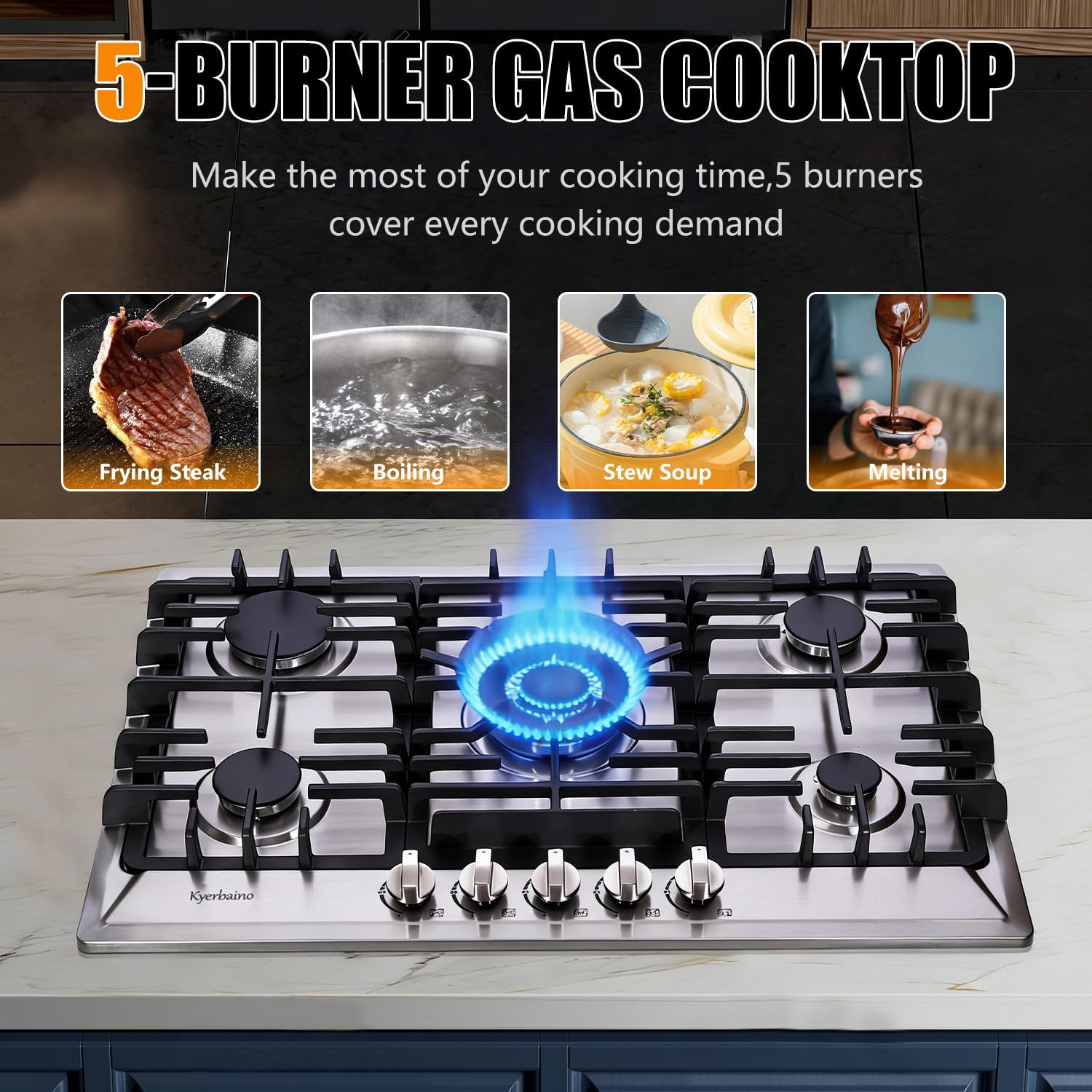 Gas Cooktop 30 Inch, Stainless Steel 5 Burners Gas Stovetop Built-in LPG/NG Convertible Gas Cooktop Dual Fuel Sealed Gas Stove