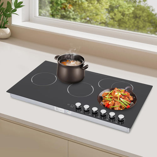 110V 4000W Electric Ceramic Cooktop,5 Burners Built-in Stovetop with Knob Control,Safety Lock,0-90' Timer, 5 Gears Firepower, 35.4in Countertop Electric Hot Plate without Plug