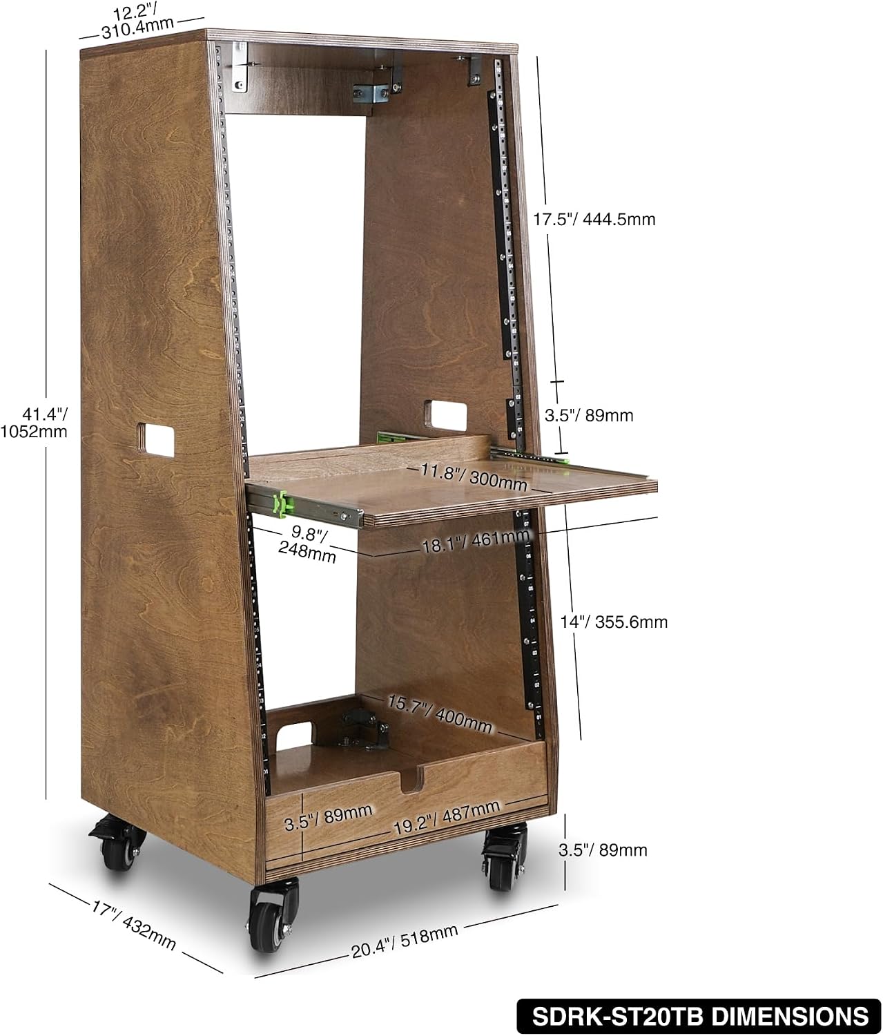 Sound Town DIY Slanted 20U Studio Rack (12U Top + 8U Lower), with 2U Bottom Storage, Slide-Out Tray, Caster, Plywood, Weathered Brown for Recording Room, Home Studio (SDRK-ST20TB)