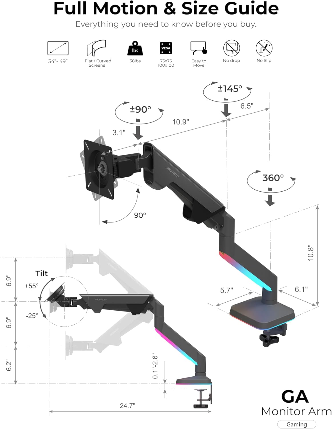 Modernsolid Heavy Duty Ultrawide Monitor Arm with RGB Lighting & USB Charging, Fits 34 to 49 inch Curved Screens, Supports 14 to 38 lbs, Adjustable Desk Mount, Gaming Setup, Black