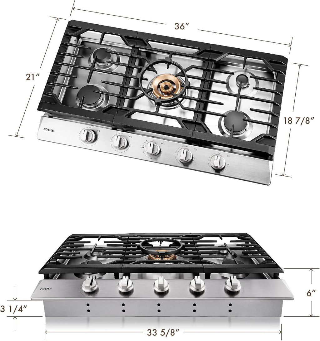 FOTILE GLS36502 36' Stainless Steel 5-Burner Gas Cooktop, Tri-Ring 22,000 BTUs Center Burner with Flame Failure Protection Removable Grates and Installation/LP Kit