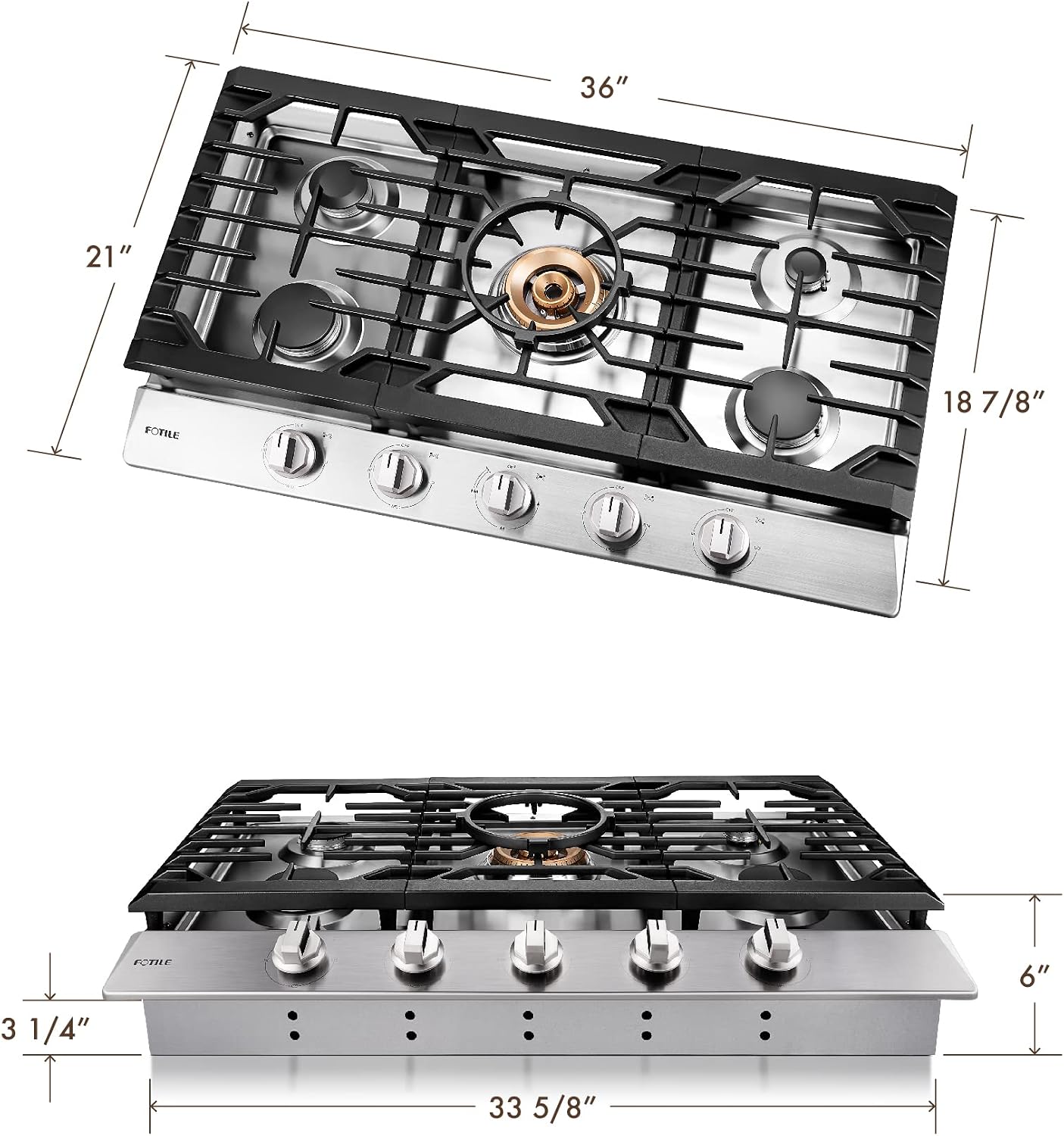 FOTILE GLS36502 36' Stainless Steel 5-Burner Gas Cooktop, Tri-Ring 22,000 BTUs Center Burner with Flame Failure Protection Removable Grates and Installation/LP Kit