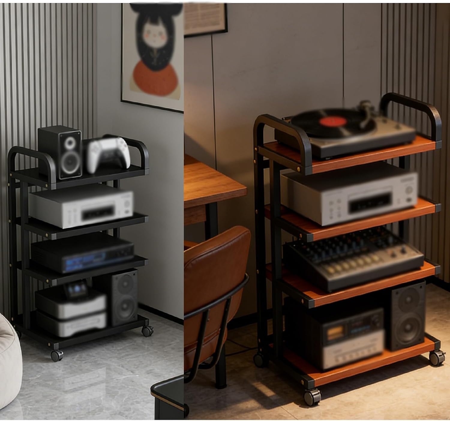 YLLFFLL Heavy Duty Av Media Stands 2 3 4 5 Tier Monolith for Corner, Audio Component Rack Tower Stereo Stand Equipment Shelf with Casters, HiFi Cabinet Unit(3layer)