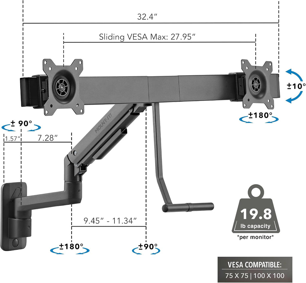 Mount-It! Proflex Dual Monitor Wall Mount, Gas Spring Arm with Crossbar, Fits 17–32″ Screens up to 19.8 lb Each, Height Adjustable Full Motion Tilt Swivel Rotate, VESA 75, 100 mm, Premium Setup