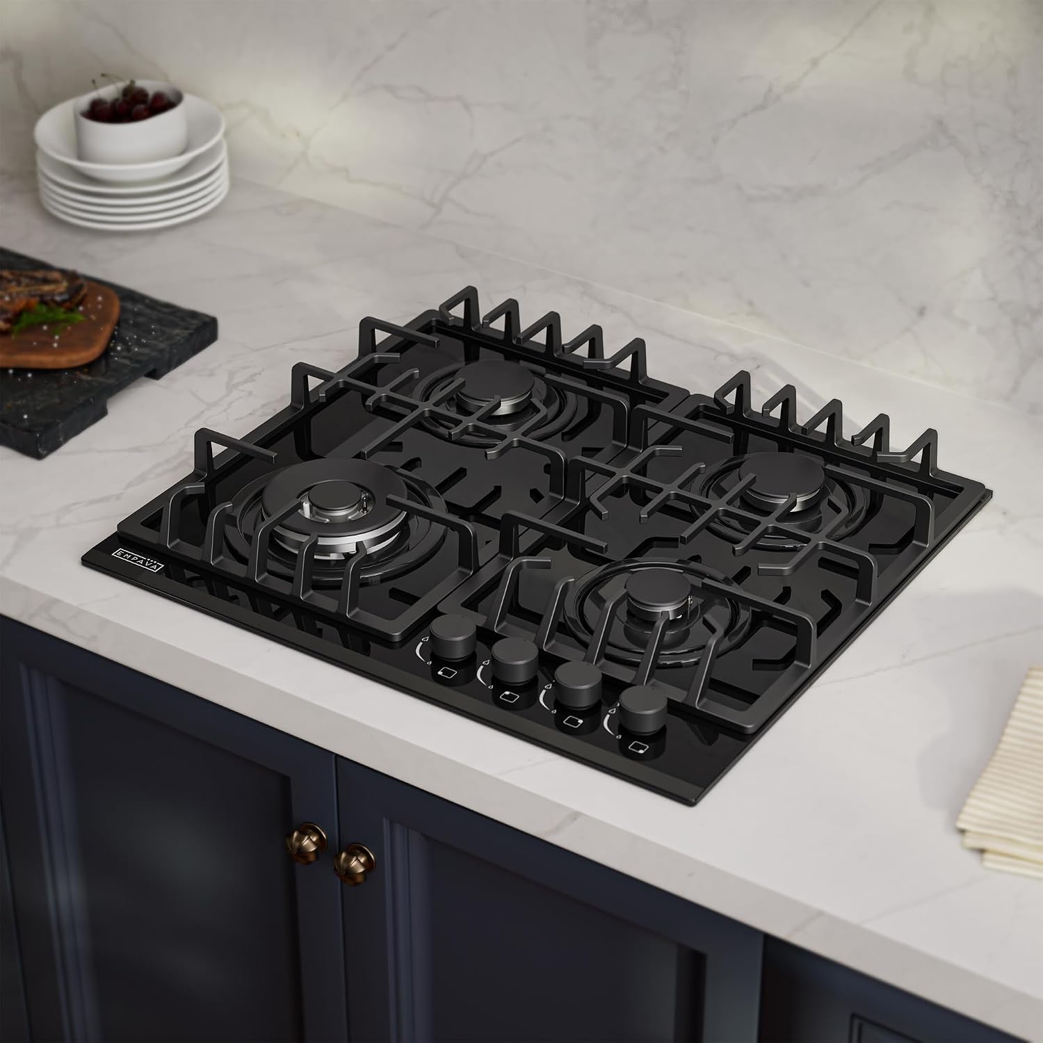 Empava 24' Gas Cooktop with 4 Italy Sabaf Sealed Burners NG/LPG Convertible Tempered Glass in Black Model 2020, 24 Inch