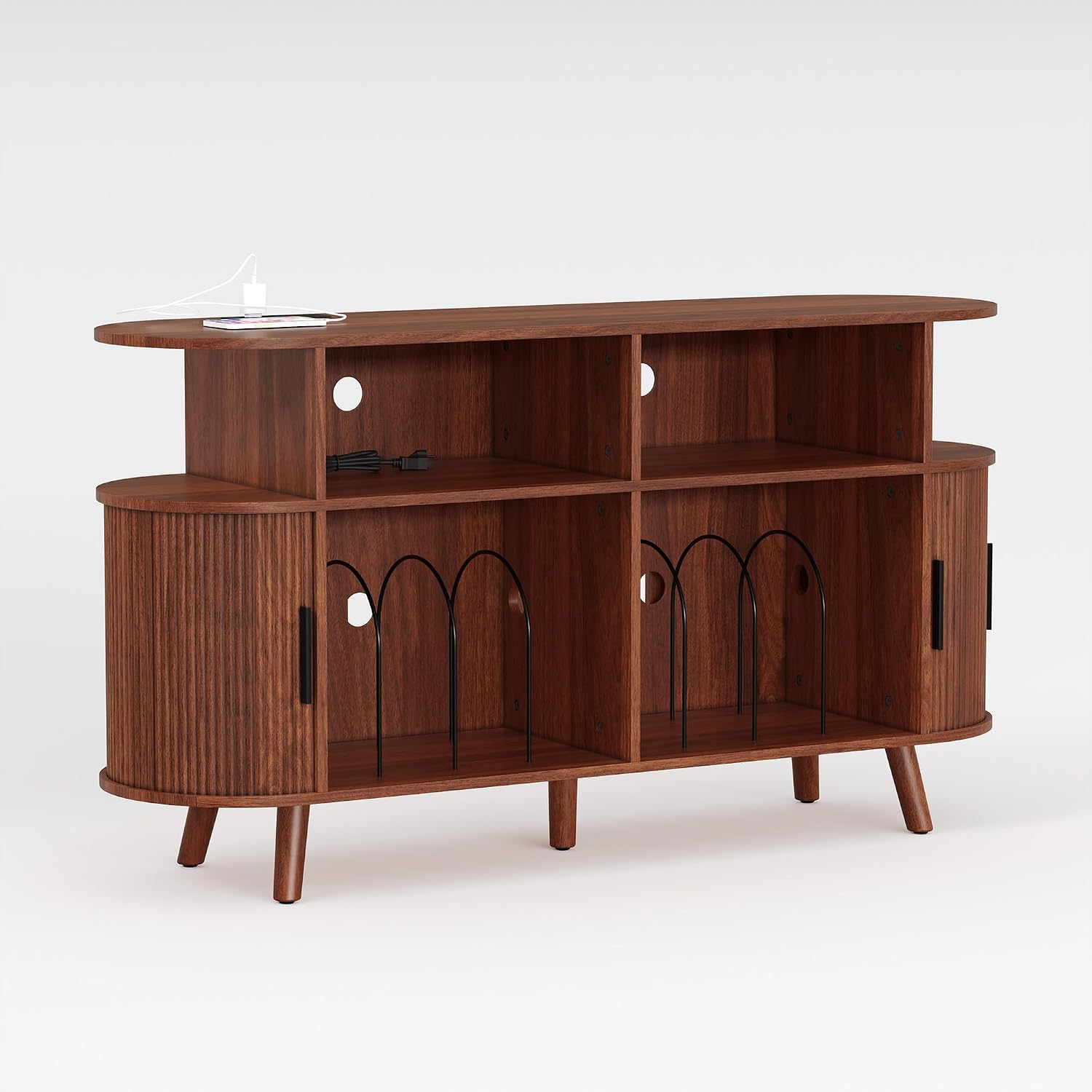 Garvee 55'' Fluted Mid Century Modern Turntable Cabinet with Vinyl Storage, Large Round Record Player Stand with Charging Station and Display Shelf, Arched Wood Record Player Table for Living Room