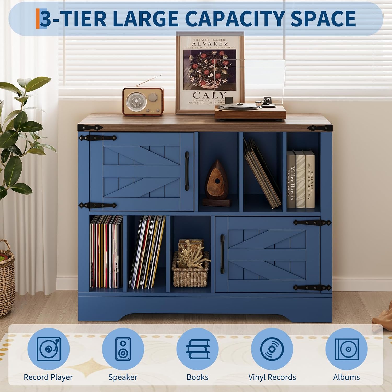 GarveeHome 39in Large Vinyl Record Storage, Farmhouse Wood Turntable Record Player Stand with Storage Cabinet and 2 Barn Doors for Living Room Bedroom, Navy Blue