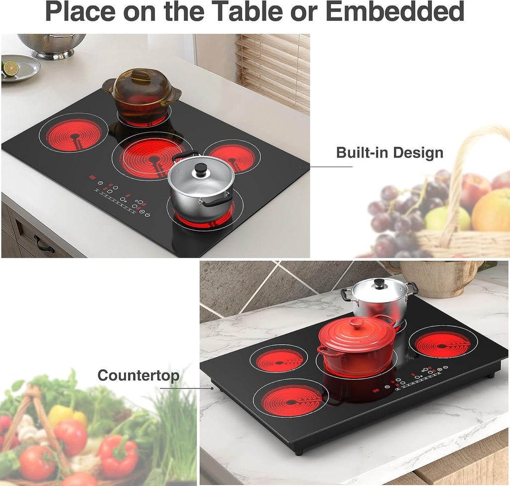 VBGK Electric cooktop 30 inch, 5 burner Electric Stove Built-in and Countertop Stove Top, LED Touch Screen,9 Heating Level, Timer & Kid Safety Lock, 240V 30 inch cooktop