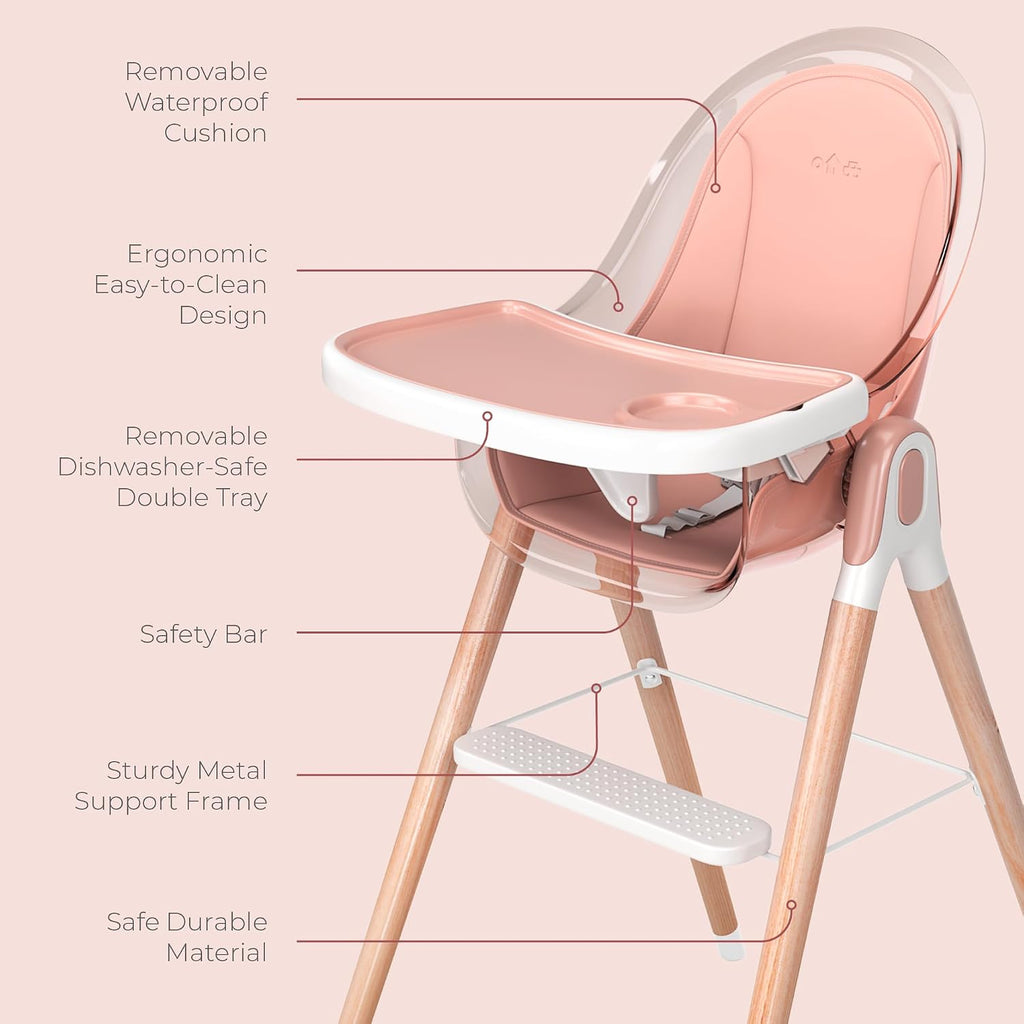 6 in 1 Deluxe Wooden High Chair for Babies & Toddlers Modern Safe Compact Baby Highchair, Easy to Clean, Removable Tray & Cushion, 6 Options 3 Seat Positions 2 Heights (Pink)