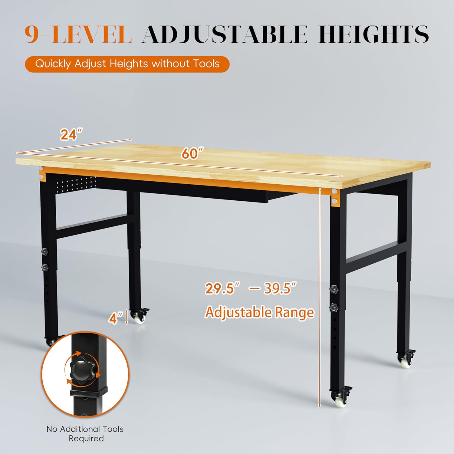 Betterhood 60' Adjustable Workbench on Wheels, 2000 LBS Heavy Duty Work Table with Power Outlets & Pegboard, Rubber Wood Workstation for Garage, Workshop, Office, Home, Commercial