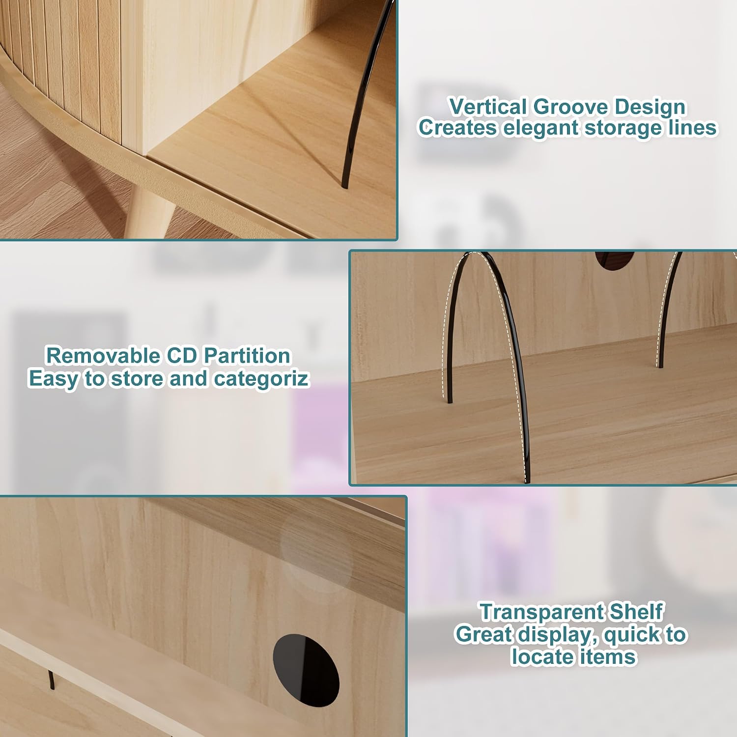 Large Record Player Stand with LED Lights, Vinyl Record Storage with Charging Station & USB Ports, Record Player Cabinet for Living Room(Natural, 55in) (Natural, 39in)