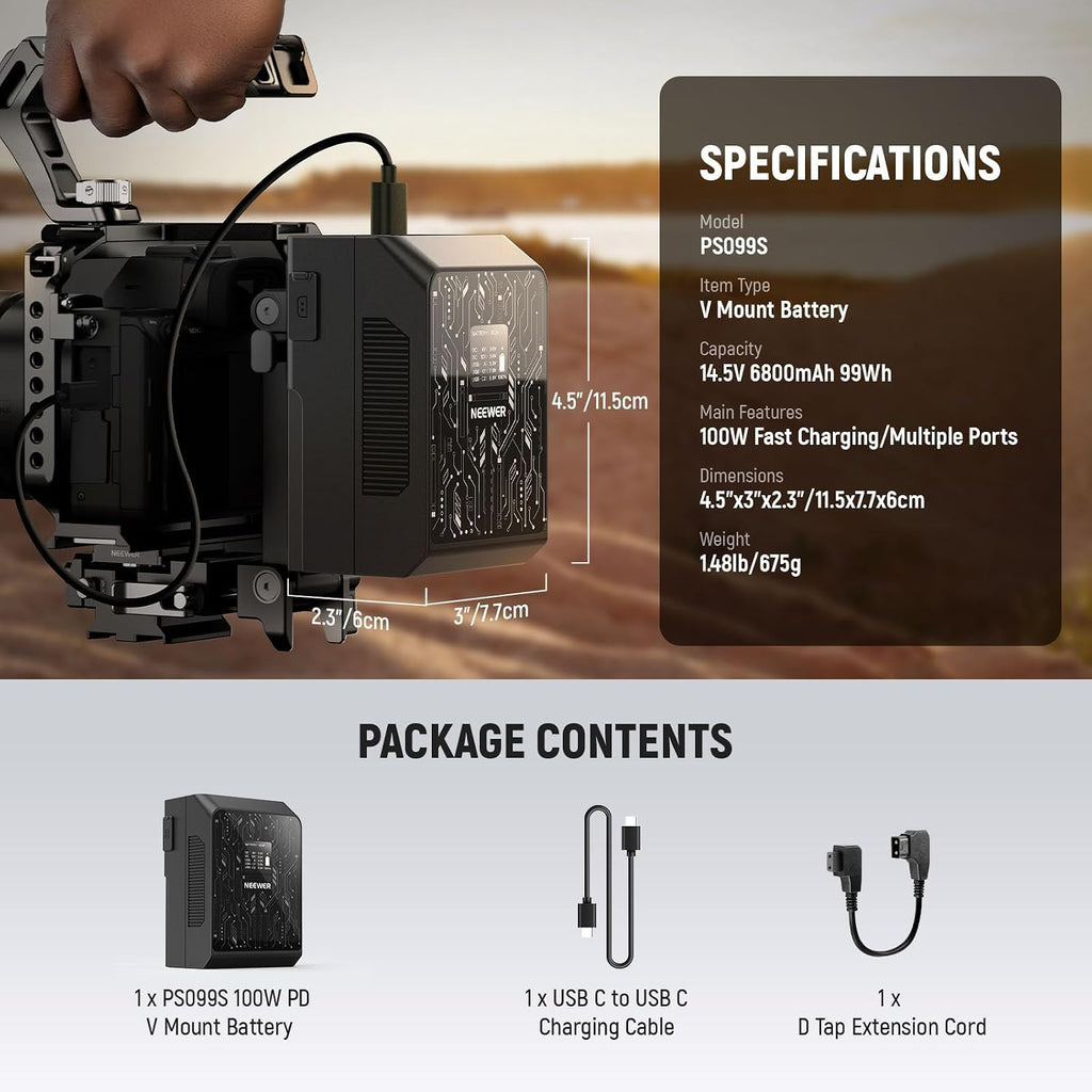 NEEWER Mini V Mount Battery Smart APP Control, 6800mAh 99Wh 14.5V 100W PD Fast Charging, OLED, Backup Power Supply Compatible with BMPCC 4k 6k Camcorder, USB C for Camera Monitor Video Light, PS099S