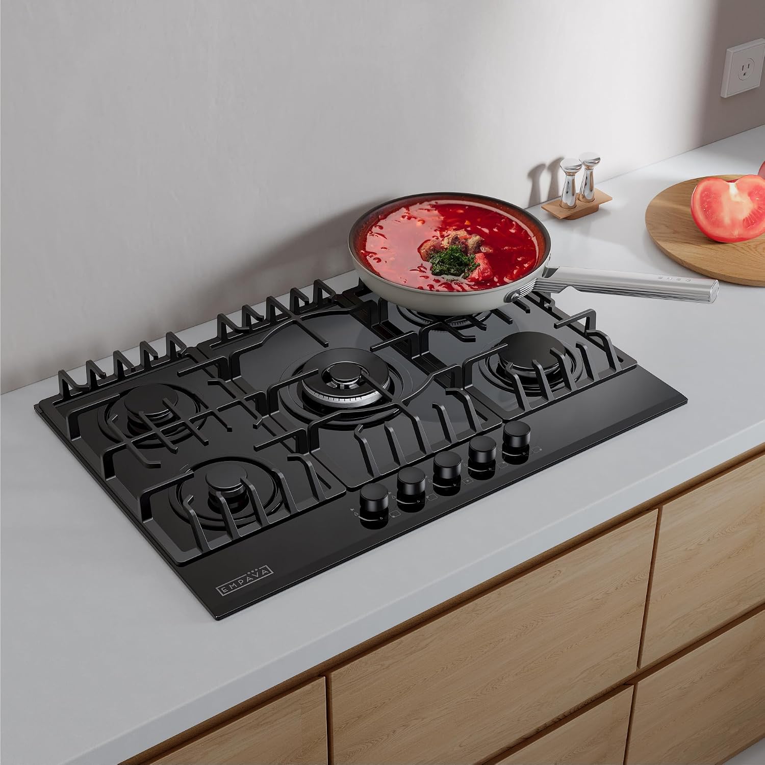 Empava 30' Gas Stove Cooktop LPG/NG Convertible with 5 Italy SABAF Burners Tempered Glass in Black, 30 Inch