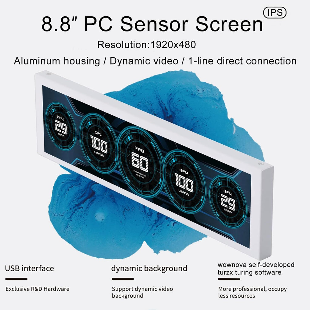 WOWNOVA 8.8' Computer Temp Monitor (Dynamic Theme Supported), 1 Click 1 Cable to Get Started Quickly PC Temperature Display Sensor Panel IPS Mini Secondary Screen CPU RAM HDD Data FPS Monitor (Black)