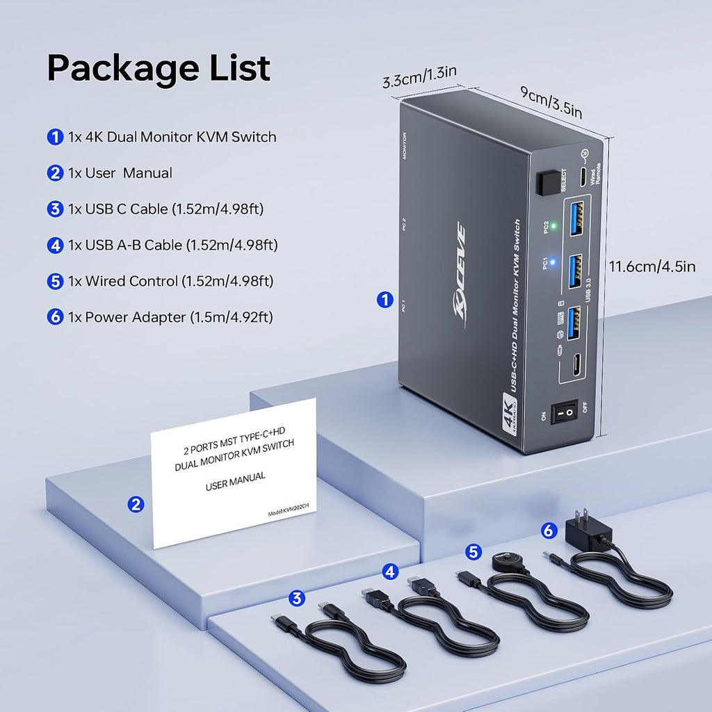 KVM Switch 2 Monitors for 1 Laptop and 1 Desktop 4K@60Hz, USB C HDMI Dual Monitor KVM Switch,Docking Station KVM Switches with 4 USB 3.0 Port, 80W PD Charging, Wired Remote and USB-C Cable Included