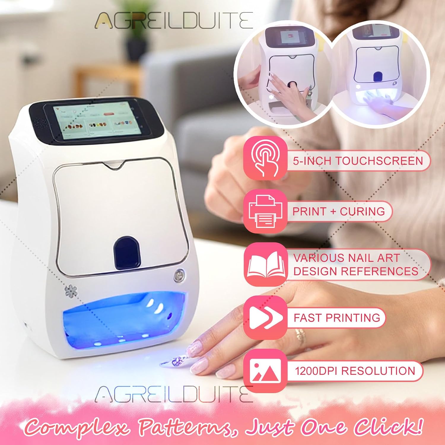 Digital Mobile Nail Art Printer,3D Automatic Nail Machine W/Over 800 Pictures of Nail, Touch Screen Display + Nail Dryer, Nail Art Printing Machine for Girls' Home Nails Machine