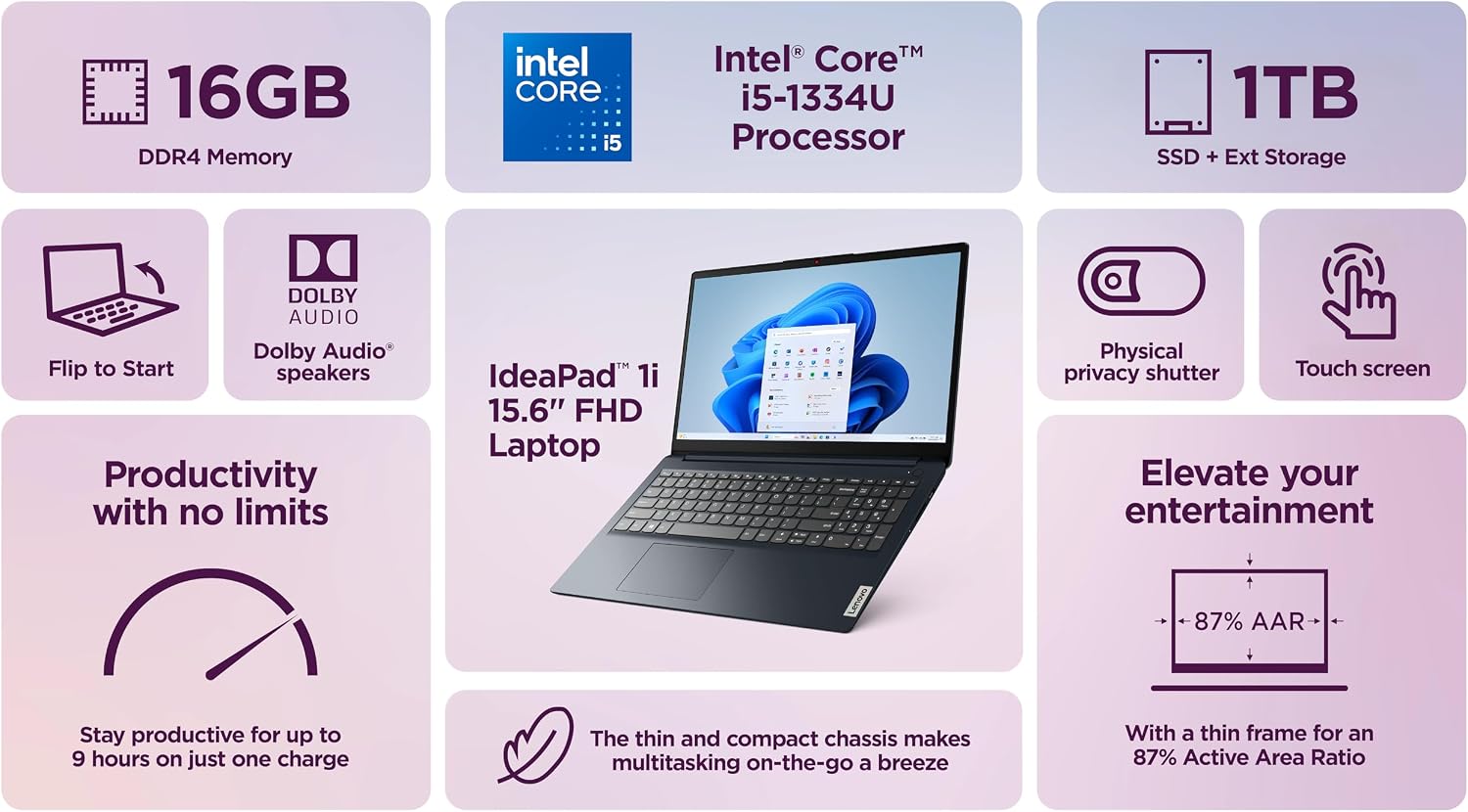 Lenovo IdeaPad 15.6' FHD IPS Touchscreen Laptop, Business AI Computer, Intel Core i5-1335U (10-Core Upto 4.6 GHz), 16GB RAM, 1TB Storage (512GB SSD+500GB Ext), MarxsolAccs, Win 11 Pro, Lifetime Office