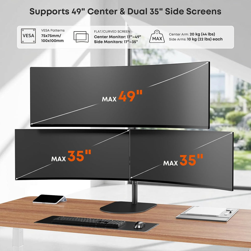 Triple Monitor Stand Up to 49 inches,Fully Adjustable Triple Monitor Mount with Gas Spring,Free Standing 3 Monitor Desk Stand Mount with Base and Cable Management,Holds 44 lbs,Black