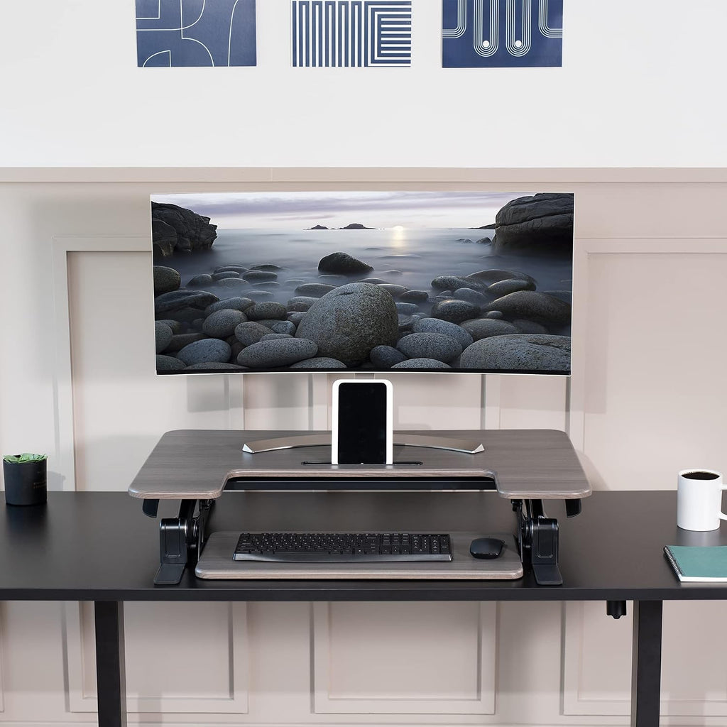 VIVO 36 inch Height Adjustable Stand Up Desk Converter, V Series, Quick Sit to Stand Tabletop Dual Monitor Riser Workstation, Gray Top, Black Frame, DESK-V000VG