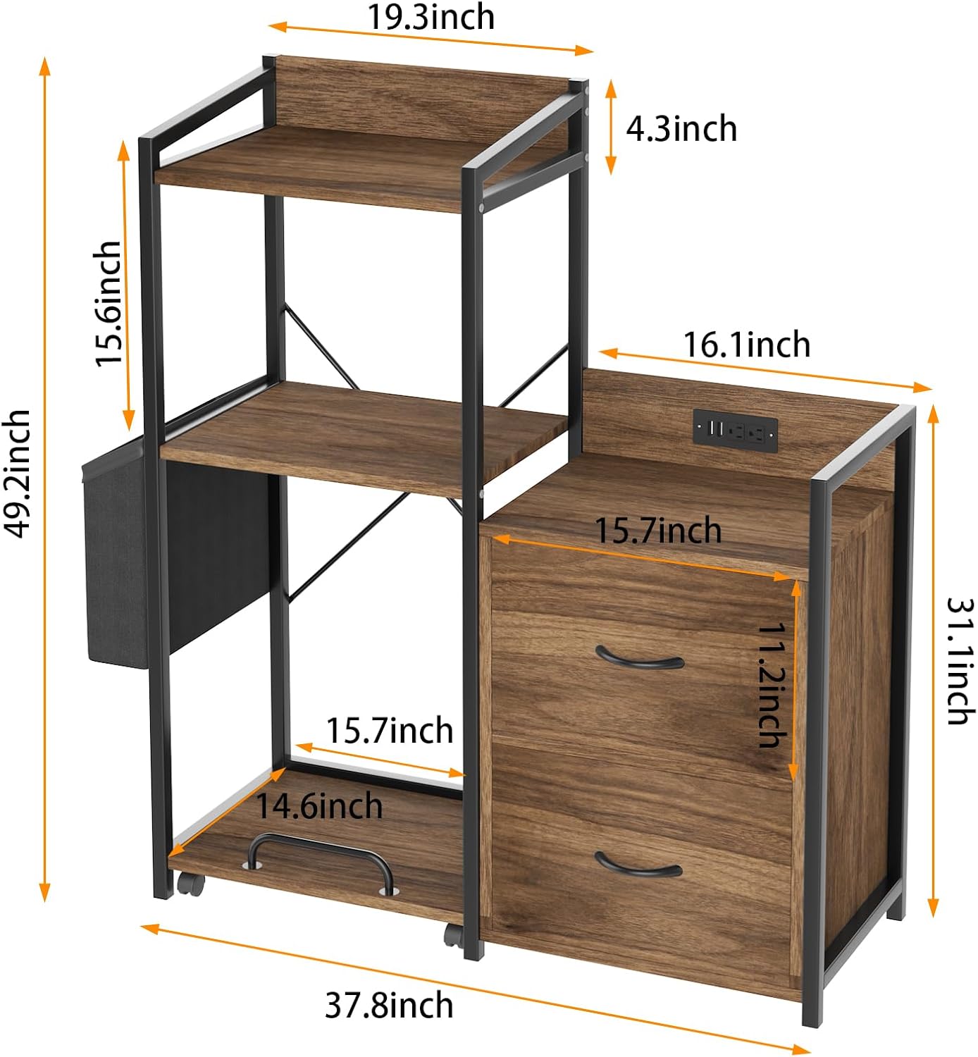 Tall Printer Stand with Storage Shelf and Bag,Filing cabinet,Lateral Office Filing Cabinets with Power Outlets & USB Charging Port, Shredder Stand w/Wheels,Suitable for 3D Shredder Scanner Fax