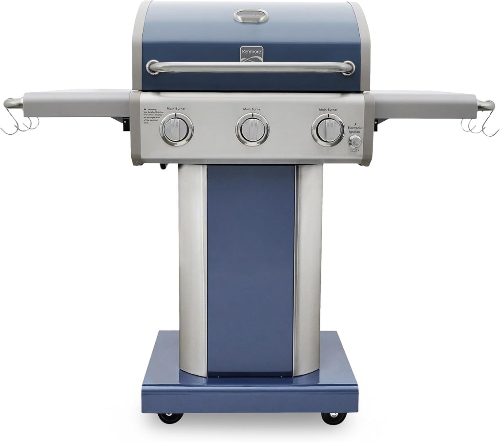 Kenmore 3-Burner Propane BBQ Grill, 30,000 BTUs Gas Grill with Cast Iron Cooking Grates, Folding Side Tables & Wheels, Outdoor Grill with Tool Hooks, Azure Blue