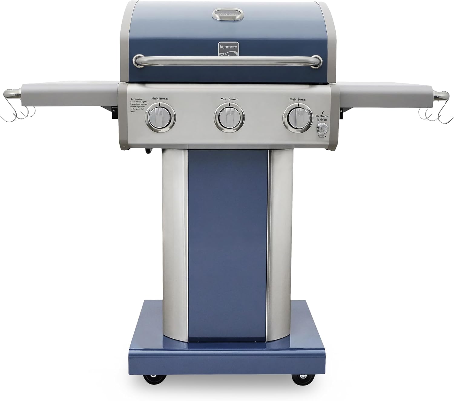 Kenmore 3-Burner Propane BBQ Grill, 30,000 BTUs Gas Grill with Cast Iron Cooking Grates, Folding Side Tables & Wheels, Outdoor Grill with Tool Hooks, Azure Blue
