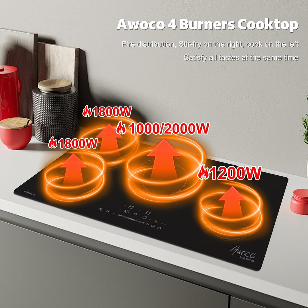 Awoco 30-Inch Ceramic Cooktop, 6600W Electric Stove with 4 Burners with hard wire, 9 Power Levels Digital Timer Child Lock, Residual Heat Indicator, Automatic Shut-Off Easy Clean Touch Panel, 220-240V