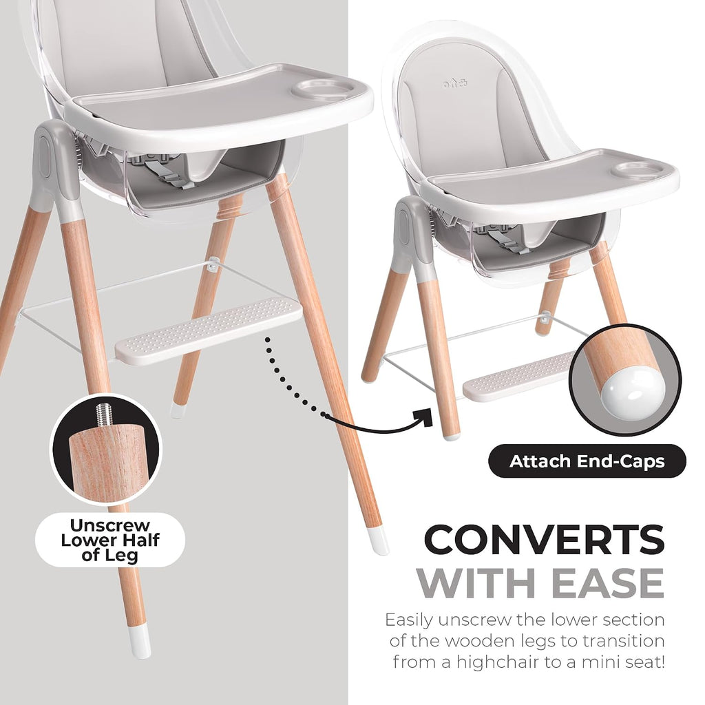 6 in 1 Deluxe Wooden High Chair for Babies & Toddlers, Modern Safe & Compact Baby Highchair, Easy to Clean & Assemble Removable Tray & Cushion, 6 Options 3 Seat Positions 2 Heights