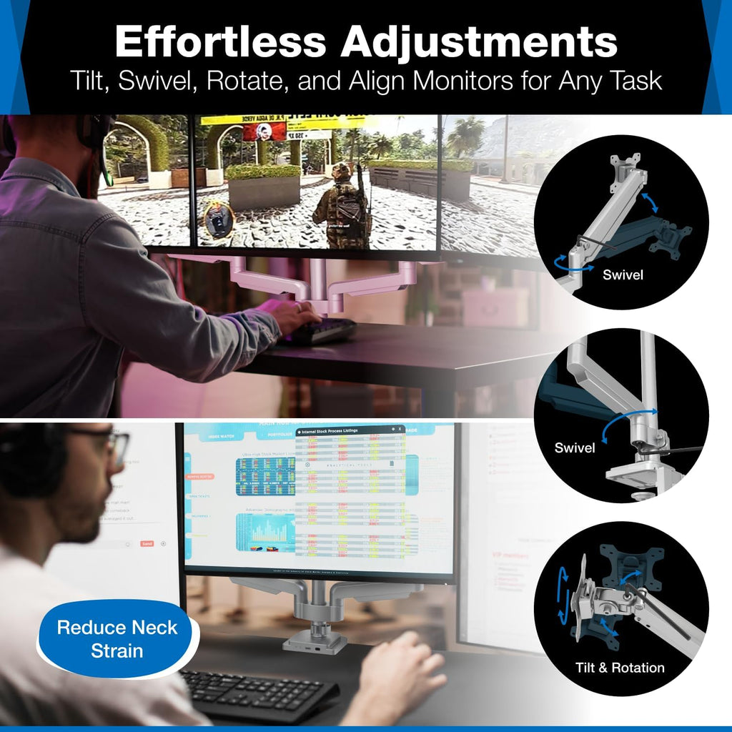Mount-It! Triple Monitor Mount with Gas Spring Arms, Fits 24–32 Inch Screens, USB & Audio Ports, Full Motion Desk Stand with Tilt, Swivel & Rotation, Heavy Duty Silver 3 Screen Arm with Clamp