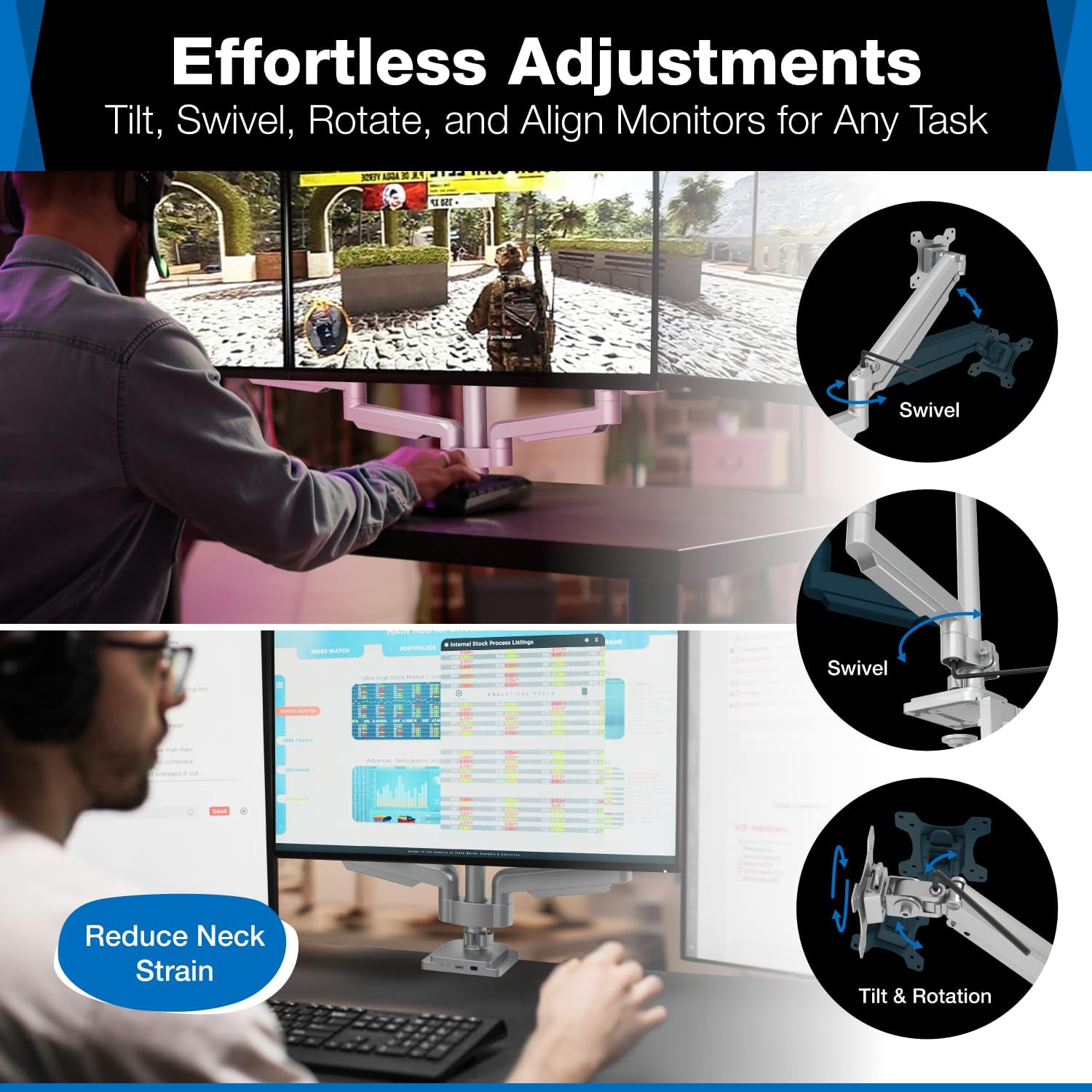 Mount-It! Triple Monitor Mount with Gas Spring Arms, Fits 24–32 Inch Screens, USB & Audio Ports, Full Motion Desk Stand with Tilt, Swivel & Rotation, Heavy Duty Silver 3 Screen Arm with Clamp