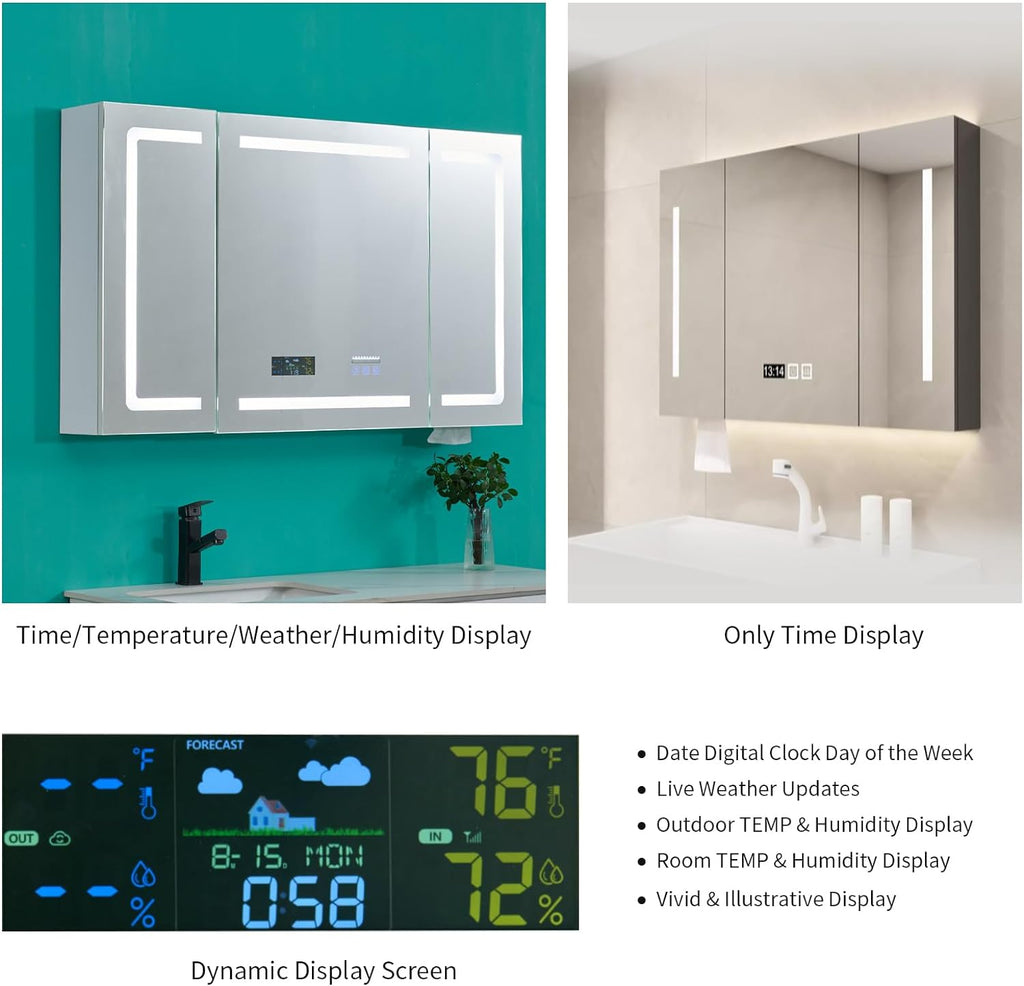 FCH LED Medicine Cabinet with Smart Mirror, 48' Wide Bathroom Medicine Cabinet with Bluetooth& Speaker, Clock, Room Temp Display, Defog, Stepless Dimming, 3-Color Temper Change, Outlets & USBs