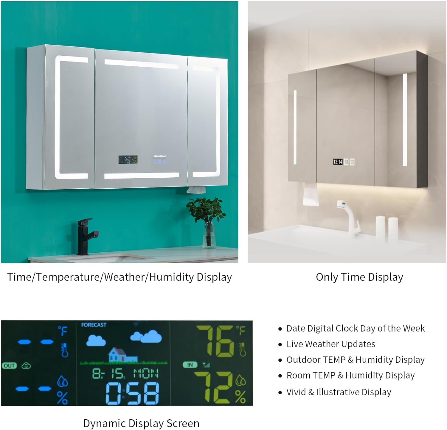 FCH LED Medicine Cabinet with Smart Mirror, 48' Wide Bathroom Medicine Cabinet with Bluetooth& Speaker, Clock, Room Temp Display, Defog, Stepless Dimming, 3-Color Temper Change, Outlets & USBs