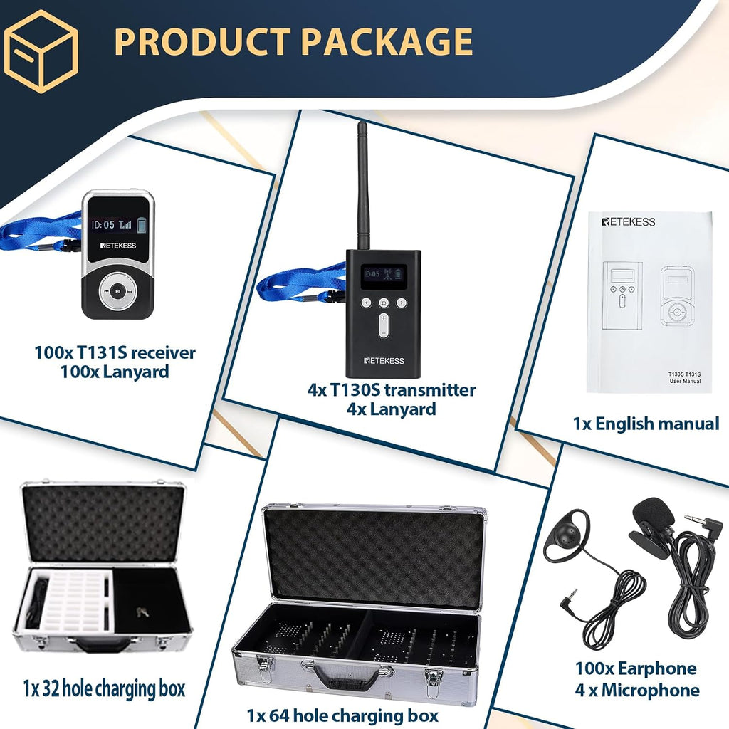 Retekess T130S(2nd Gen T130) Wireless Tour Guide System for School, Upgraded Longer Range, Church Translation Device, 20H Standby Time, Tour Guide Microphone and Speaker for Classroom(4 TX 100 RX)