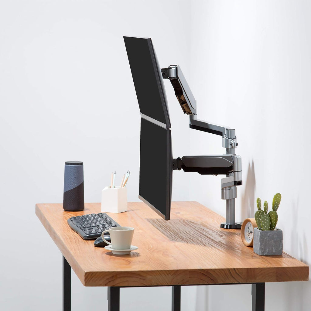 AVLT Dual 13 to 27 in Stacked Monitor Arm Desk Mount, Fits Two Flat or Curved Screens, Full Motion Height Adjustable Swivel Tilt Rotation, VESA C-Clamp Grommet Cable Management