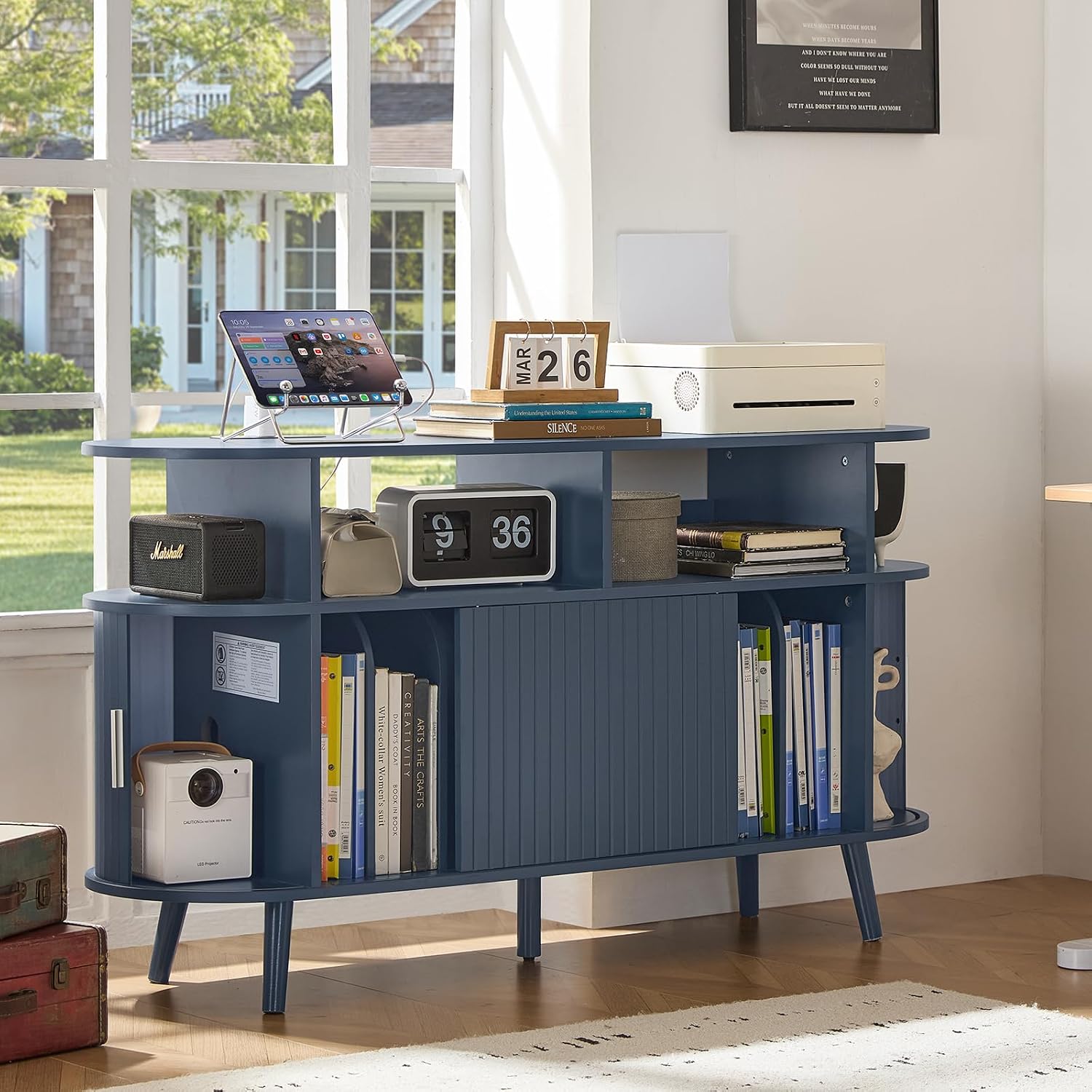 LELELINKY Large Round Record Player Stand with Charging Station & Fluted Panel, Blue Mid Century Modern Turntable Cabinet with Vinyl Storage, Arched Wood Record Player Table for Living Room